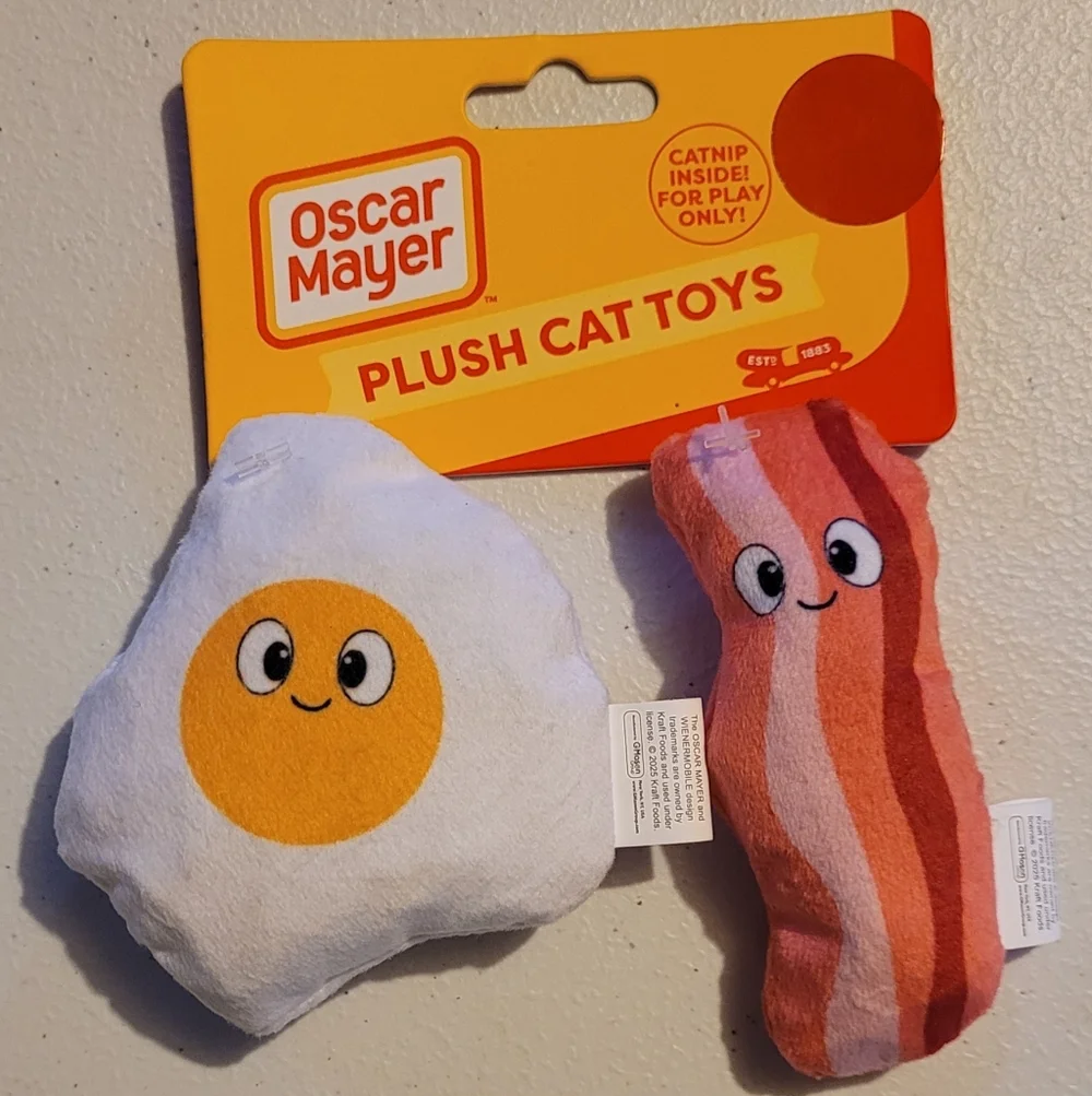 Plush Eggs And Bacon Catnip Toys Oscar Mayer Cat- White And Yellow, Pink and Red